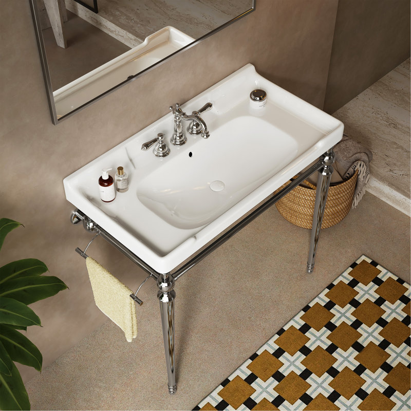Luxueux lavabo console avec lavabo en céramique de qualité supérieure et pieds élégants en acier inoxydable, Blanc