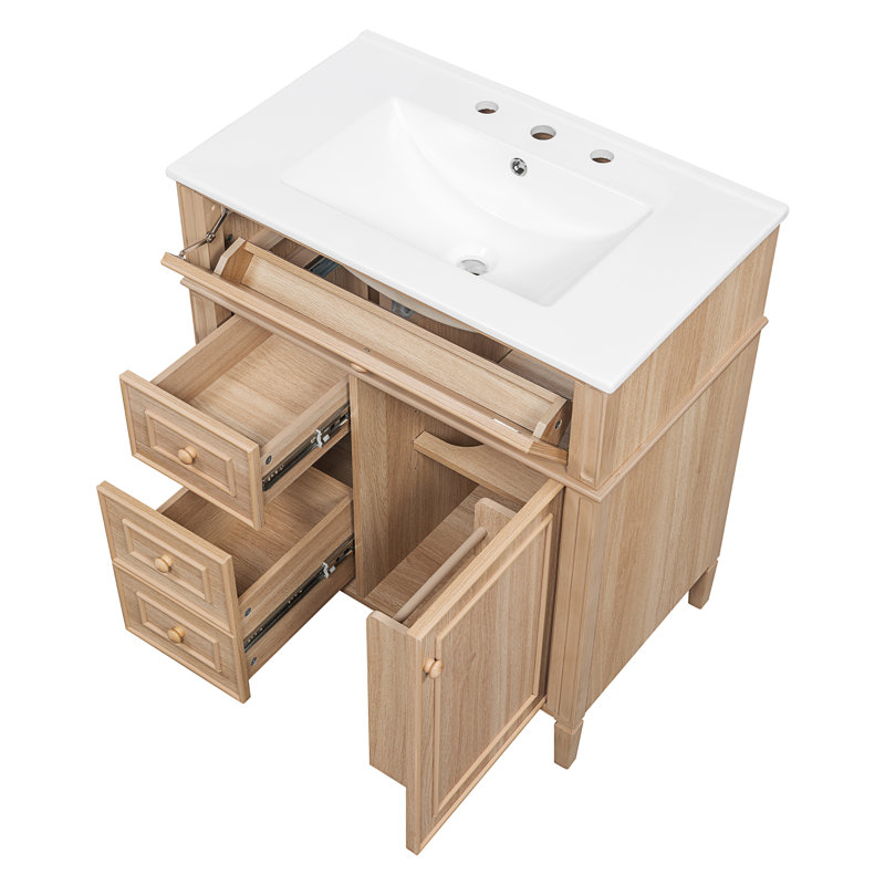30'' Bathroom Vanity With Sink, Solid Wood & Mdf Cabinet, Flip-Out Drawer,Light Wood, 30", Light Wood