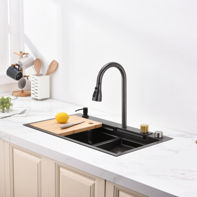 Waterfall Kitchen Sink, Stainless Steel Single Bowl In Black, Multifunctional Workstation With Flying-Rain Faucet And Cutting Board, 30×18″ Stainless Steel Single Bowl Sink