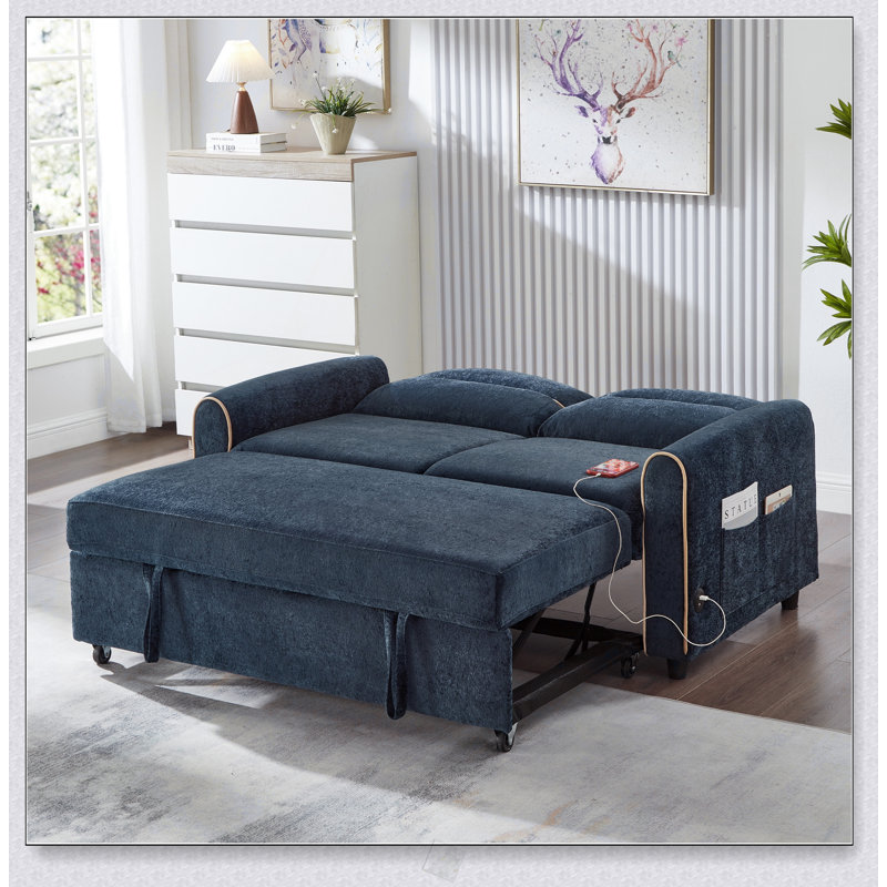 Canapé-lit en chenille, canapé-lit de 58 pouces avec dossier réglable à 3 positions, poches latérales et ports de chargement pour le salon