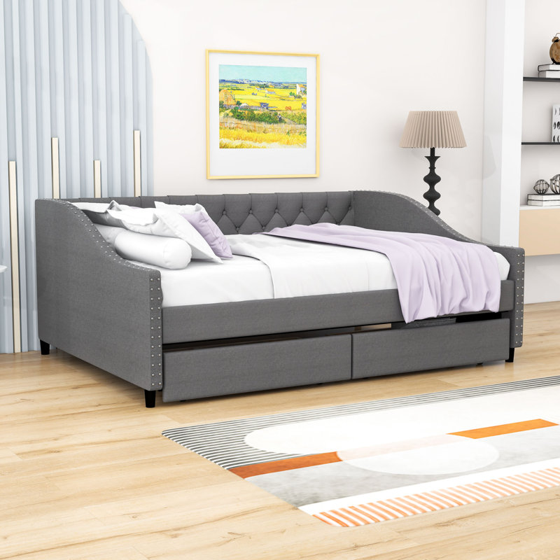 Upholstered double daybed with two drawers, Gris