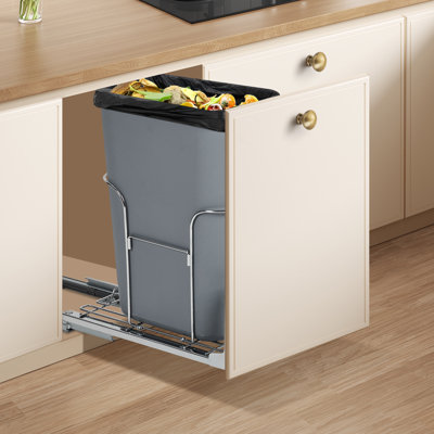 Pullout Under-Cabinet Trash and Recycling Bin with Soft-Close Full-Extension Slides, Space-Saving Gray Stainless Steel Multi-Purpose Waste Container with 100 lb Weight Capacity