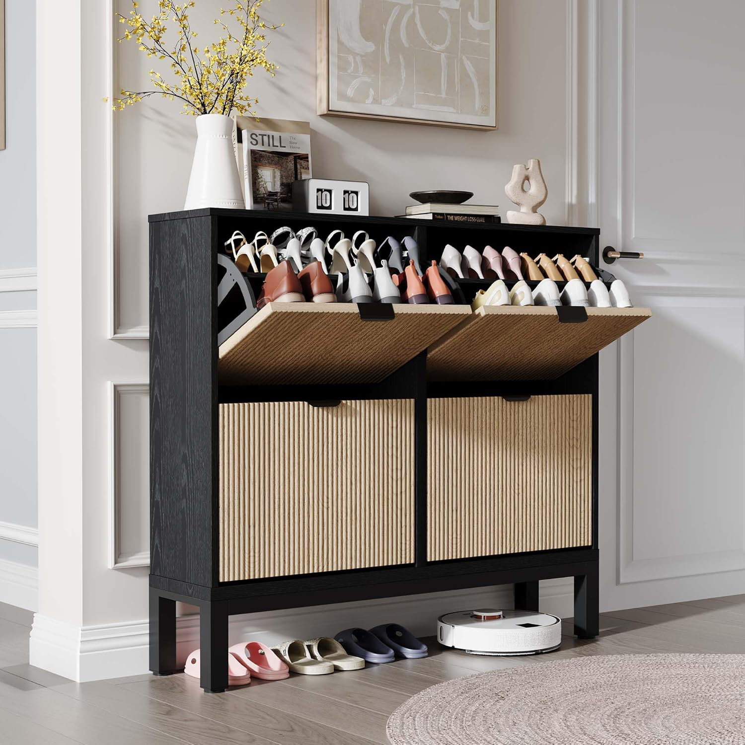 Hokku Designs Shoe Storage Cabinet With Flip Drawers, Farmhouse