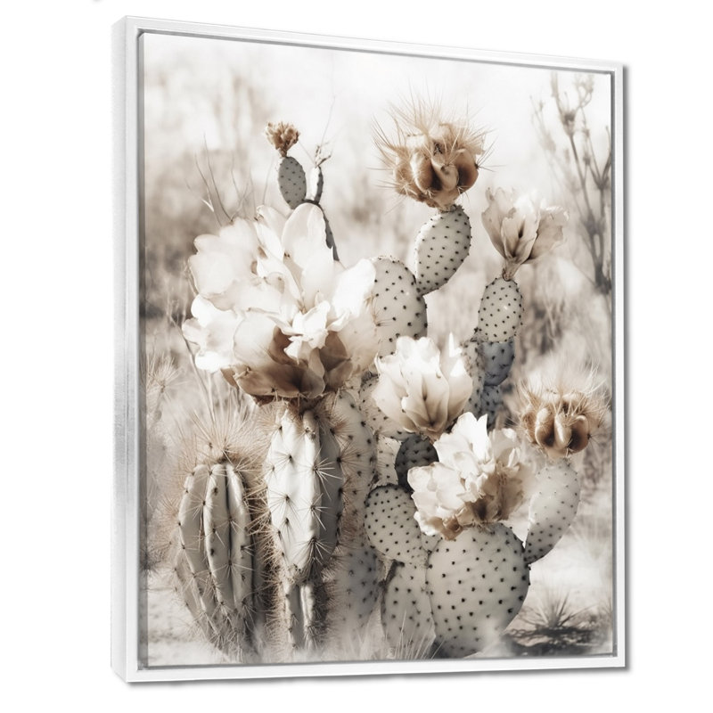 «Cream Desert Cactus - Cactus», art mural encadré, H 32 po x l 16 po, Cadre flottant blanc