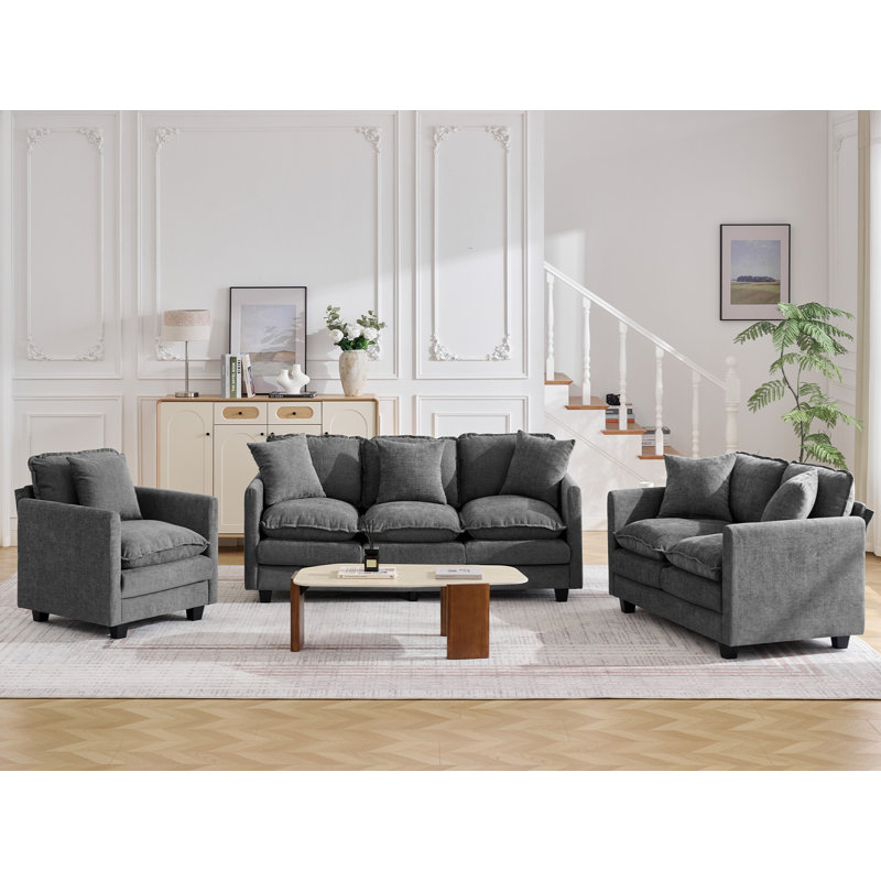 Ensemble de salon 3 pièces avec siège profond Cloud, 3 pièces: chaise, causeuse, canapé 3 places, Gris foncé