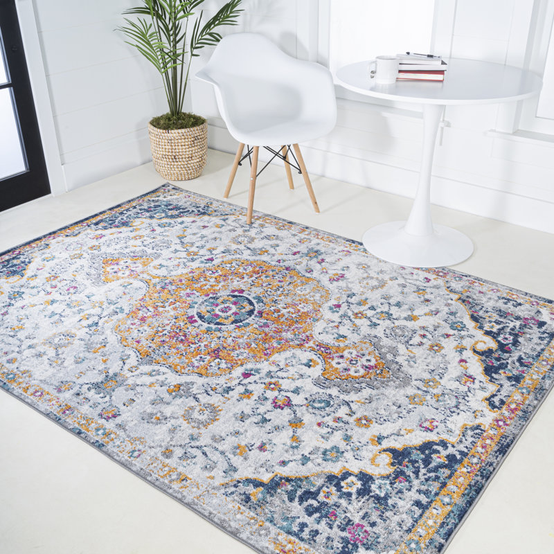 Lorena Ornate Boho Medallion Light Gray/Dark Blue/Orange Rug, Rectangle 4' x 6'