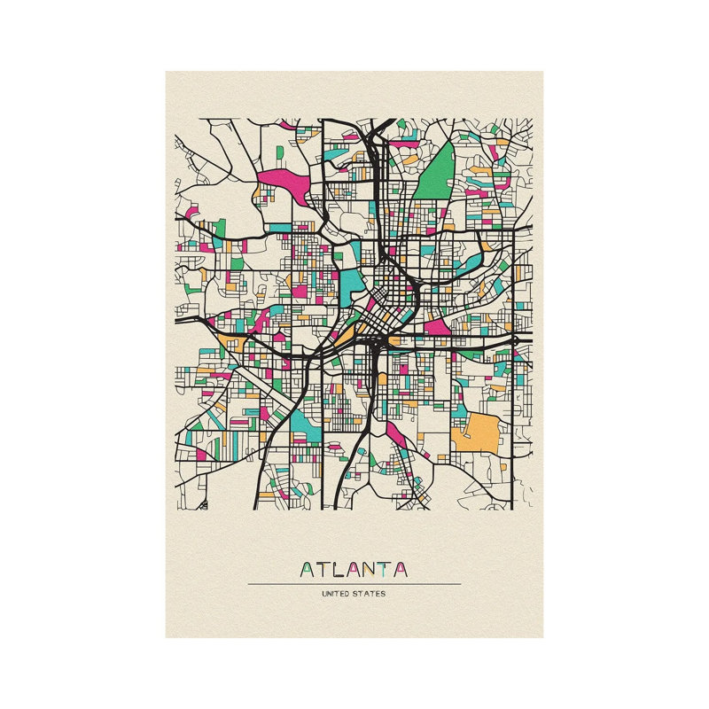 Atlanta, Georgia Map 1 Piece Wrapped Canvas Wall Art, 101.6 cm H x 66.04 cm W x 1.91 cm D