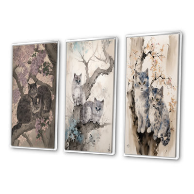 Two Gray Kitting Sleeping In A Tree Vintage Art - Animals Cat Art Set Of 3 Pieces