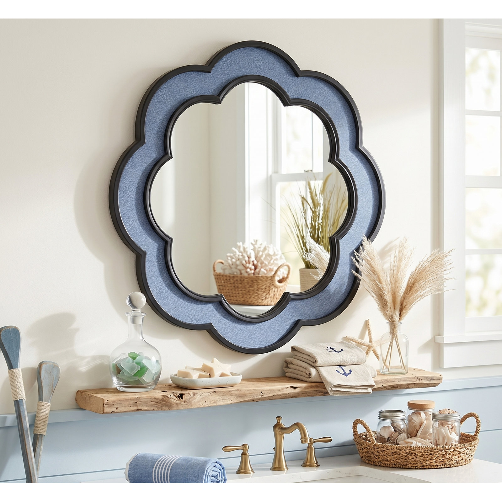 24" Scalloped Accent Mirror, Light Blue