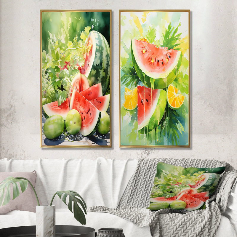 «Summertime Watermelon Fruit IV», ensemble de 2 impressions sur toile de fruits, Cadre flottant doré, H 28 po x l 25 po