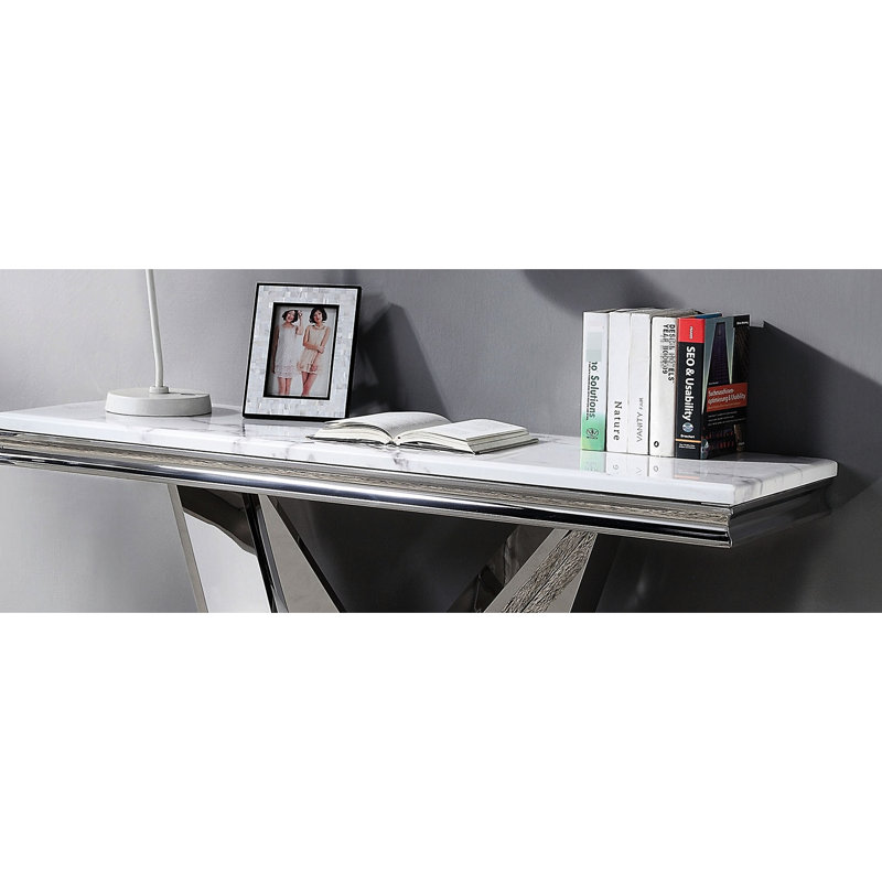 Table 1Pc avec faux marbre 18 mm, base piédestal en V en acier inoxydable, support rectangulaire biseauté de style moderne et joli reflet