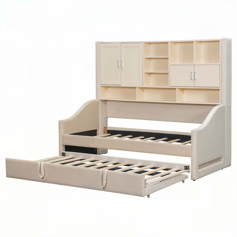 Upholstered Daybed with LED Armrest Lights, Storage Shelves & Cabinets, Pull-Out Lift-Up Twin Trundle, Beige