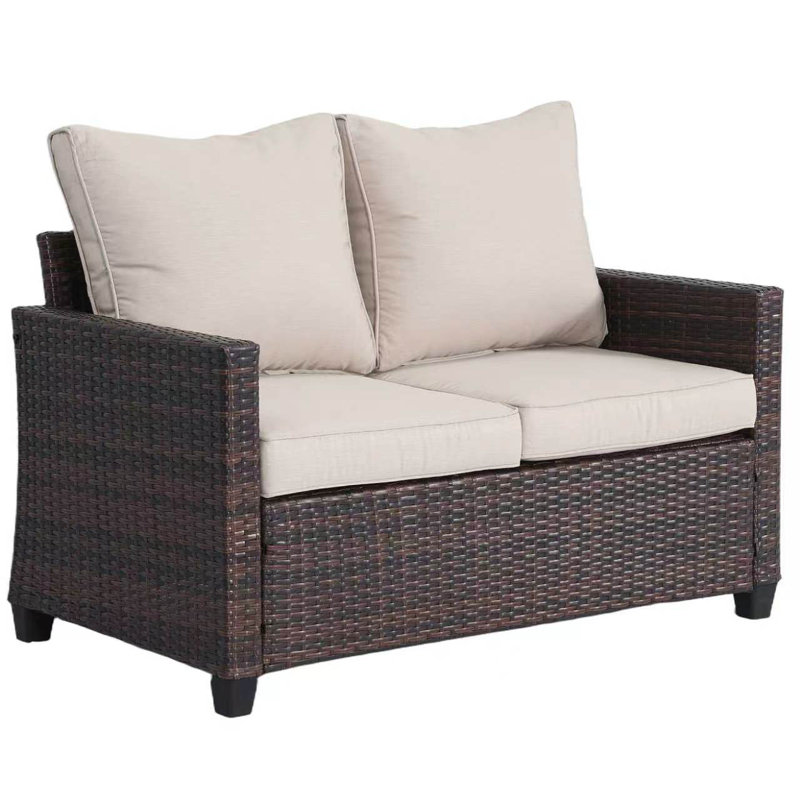 Outdoor Rattan Loveseat Sofa,Patio Wicker Couch with Cushions, Cream