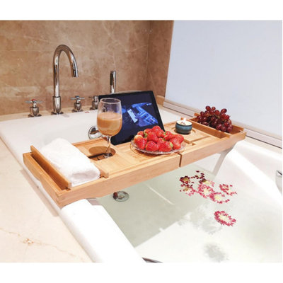 Plateau de rangement pour baignoire extensible en bambou 105 cm - Organisateur de baignoire réglable avec support à vin, tablette et porte-livre pour spa à domicile, baignoires sur pattes et bains relaxants (boîte simple)