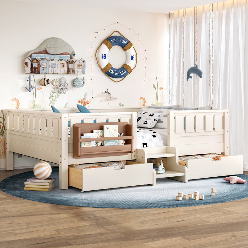 Full Kids Floor Bed with Stairs, Rails and Slats,Full Size Montessori Floor Bed with Bookshelf and 2 Storage Drawers,Easy Assemble Montessori Beds Frame,Beige