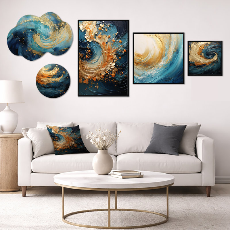 Golden Sapphire Surge I - Abstrait technique mixte dynamique, 5 panneaux d'art mural (100 po x 40 po), Metal + Black Frame