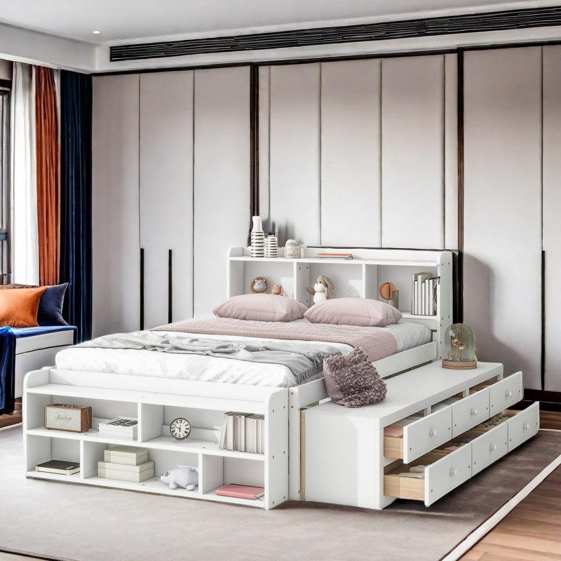 Full Bed With Bookcase Headboard, Under Bed Storage Drawers And Bed-end Storage Case, White