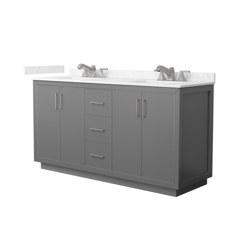 Icon 66" Freestanding Double Bathroom Vanity with Cultured Marble Top, Gray, Brushed Nickel