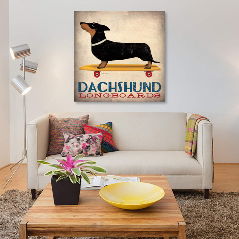 Inconnu, «Dachshund Longboard», impression sur toile tendue, H 12 po x l 12 po x P 0,75 po, Toile tendue, Pas de tapis