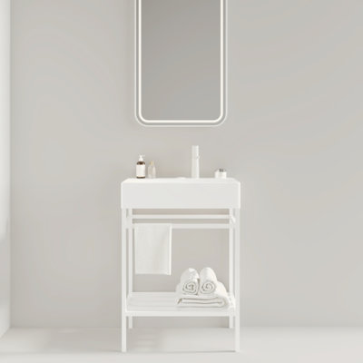Meuble-lavabo 24 po avec lavabo en céramique, ensemble de lavabo console sur pied, lavabo rectangulaire en céramique brillant sans robinet, pieds en métal ouverts, tablettes de rangement