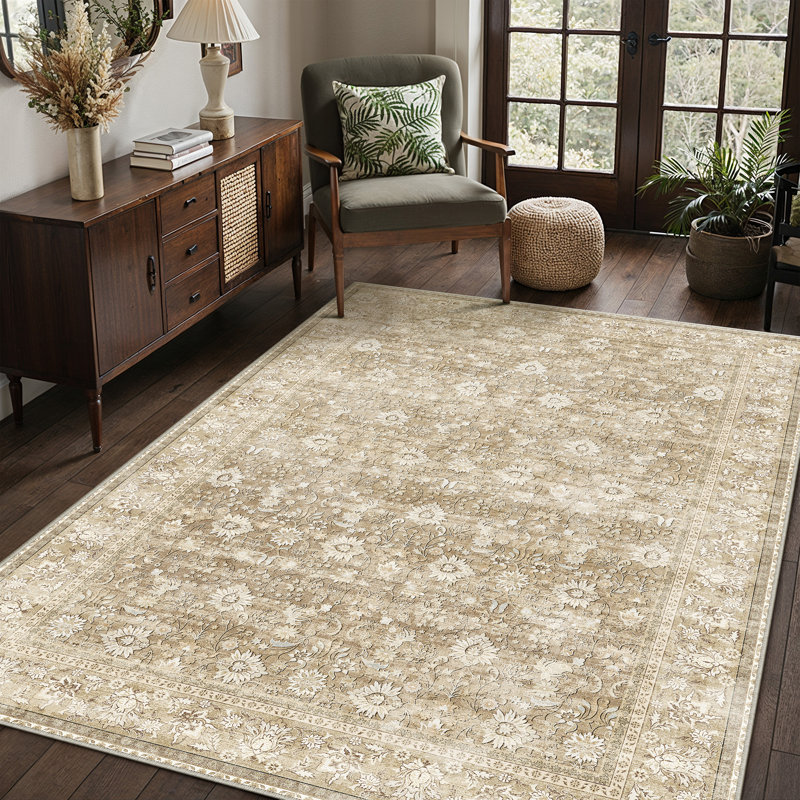 Kitty Machine Washable Oriental Area Rug with Non-Slip Backing, Rectangle 6' x 9', Beige