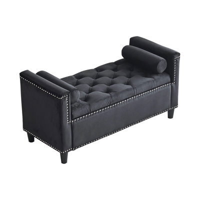 Storage Bench, 44.5-Inch Queen Velvet Button Bedside Bench, Entryway Living Room with Armrests, Nailhead Trim, Upholstered Bedroom Bench, Bedside Ottoman, Living Room, Entryway, Black