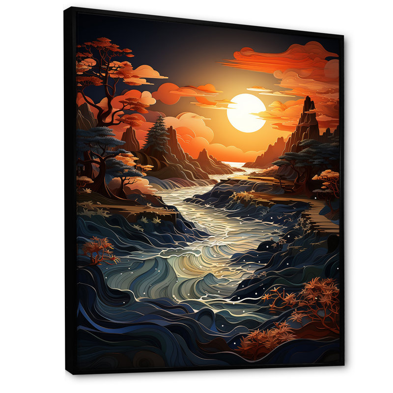 «Burrton Sunset Moonlit Serenity Papercut II», reproduction sur toile, H 40 po x l 30 po x P 1,5 po, Cadre flottant noir