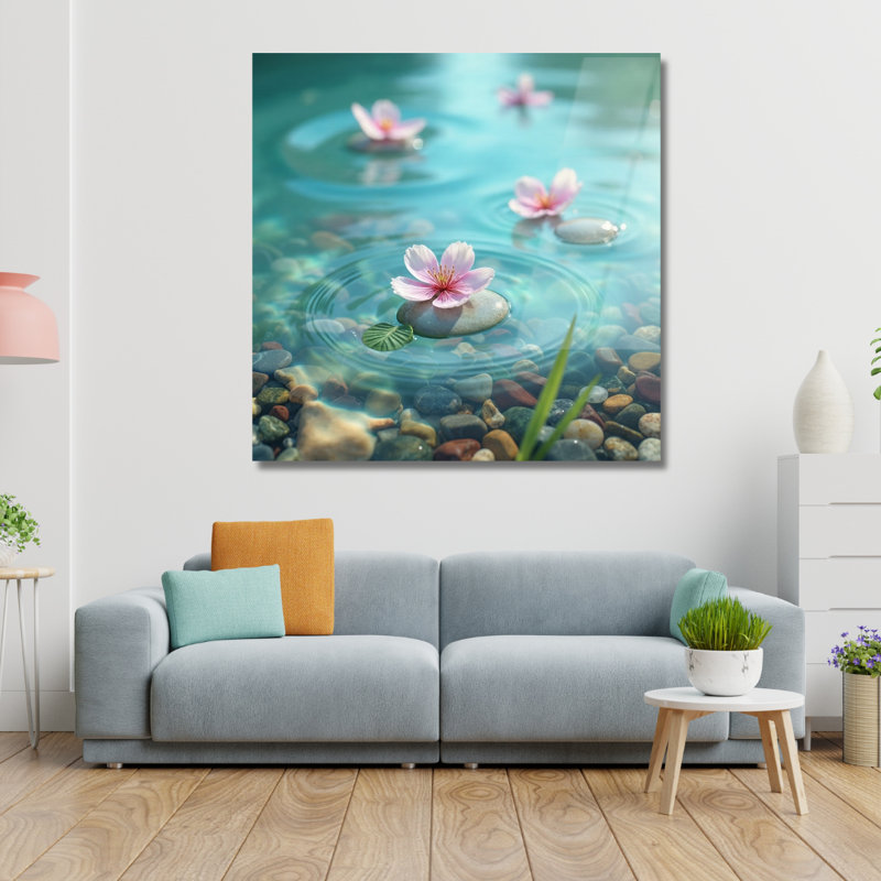 Art mural en verre trempé fleur rose, H 20 po x l 20 po