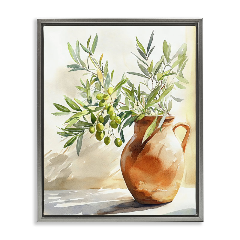 Branche d'olivier dans un cadre flottant en terre cuite, design par LSR Design Studio, 31 x 25, Lustre Grey Floater Framed