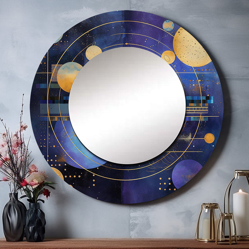 Purple Yellow Galactic Universe - Comets Decorative Wall Mirror, Modern Round Mirror, Printed Metal Art, 36" x 36"
