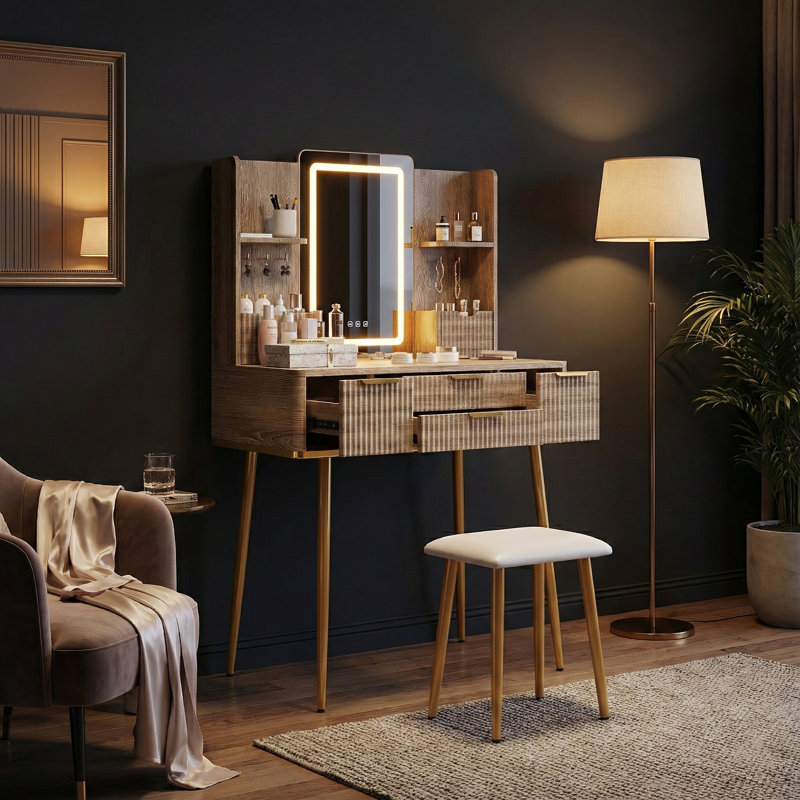 Avalon Janousek 30" Makeup Vanity Set w/ PU Stool, Integrated LED Mirror, Fluted Drawers, & Extra Jewelry & Makeup Storage, Natural Oak Finish