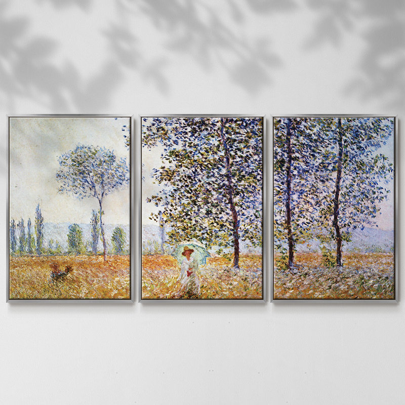 «Poplars In The Sunlight» par Monet, reproduction sur toile 3 pièces, H 36 po x l 75 po, Encadrement argenté
