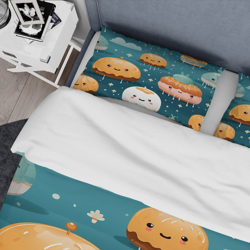 Ensemble de housse de couette rose et bleu Donut Kithchen, Housse de couette pour grand lit et 2 taies décor