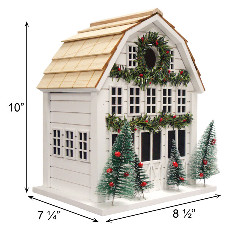 White Wooden Holly Cottage Birdhouse with Holiday Decor