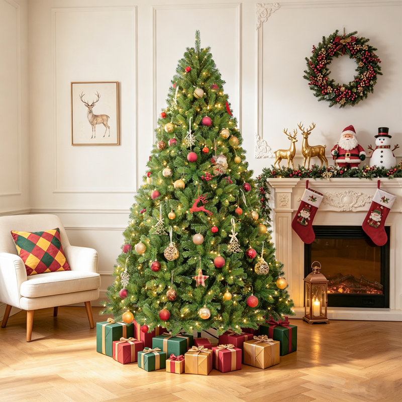 Arbre de Noël artificiel pré-éclairé, sapin de Noël à charnière pré-éclairé pour décoration de fête , H 9 pi