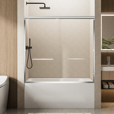 60" W X 57" H Soft-Close Double Sliding Shower Door With Finish, 1/4" Thick Tempered Glass, Dual Stainless Steel Handles, , Reversible For Space - Saving Bathroom Designs, Leakproof Design Magnetic