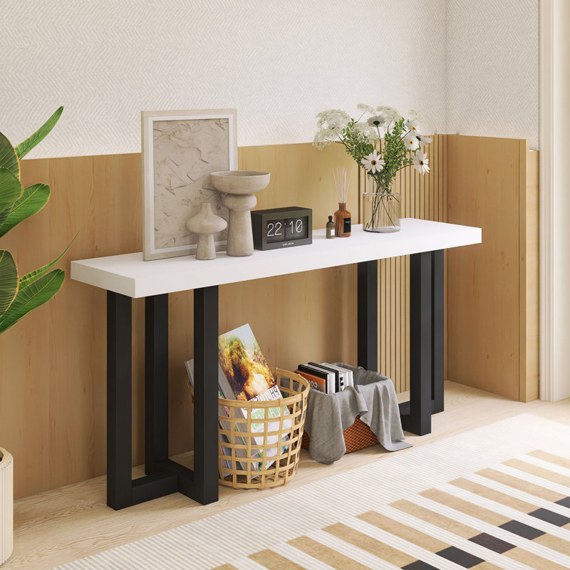 63.00'' Console Table With Solid Pine Legs, White/Black