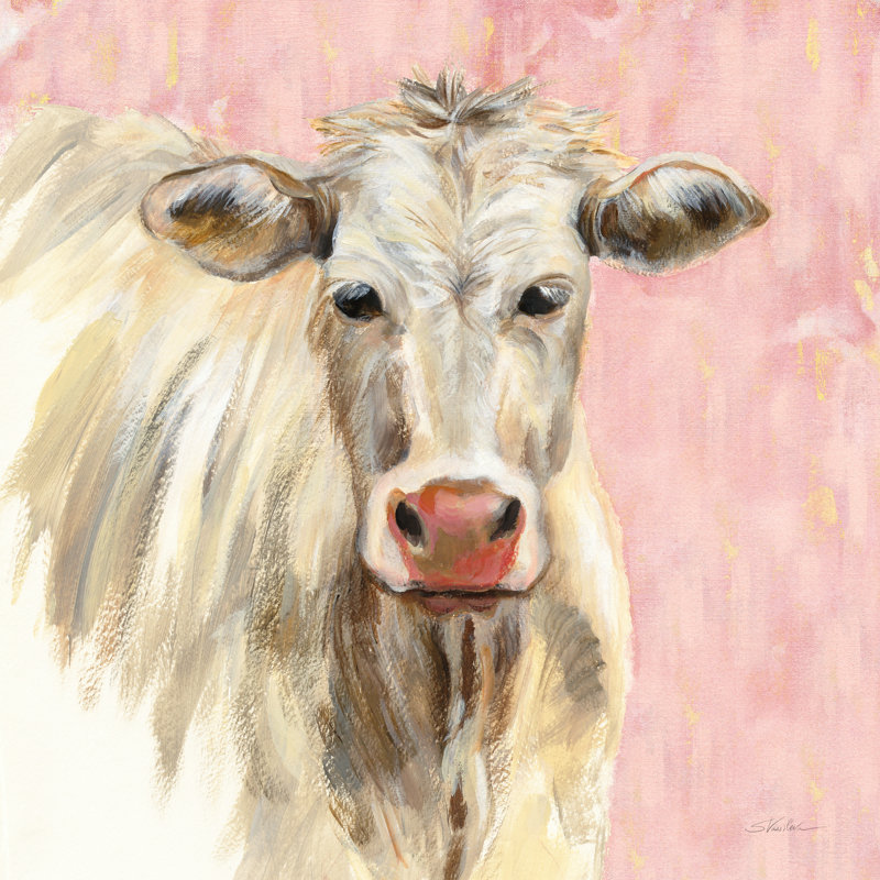 Vache blanche sur fond rose, H 20 po x l 20 po x P 1,25 po