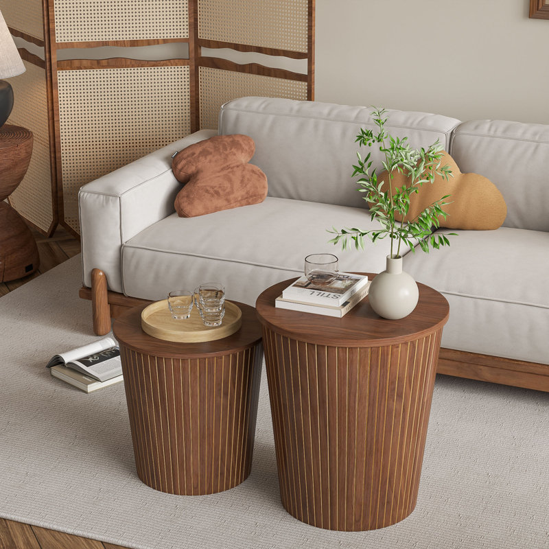 Round Coffee Table Set, Nesting Table Set Of 2, Nesting End Tables, Round Coffee Table With Storage For Living Room, Walnut