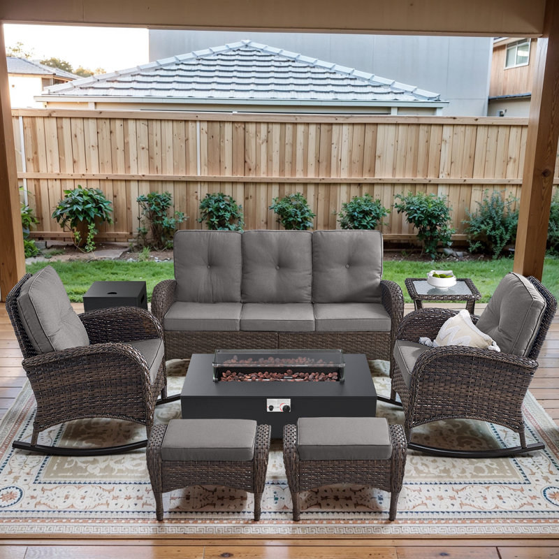 Esquer 7-Piece Outdoor Wicker Nighttime Conversation Set With Rocking Chairs, Ottomans And Fire Pit Table, Brown, Gray