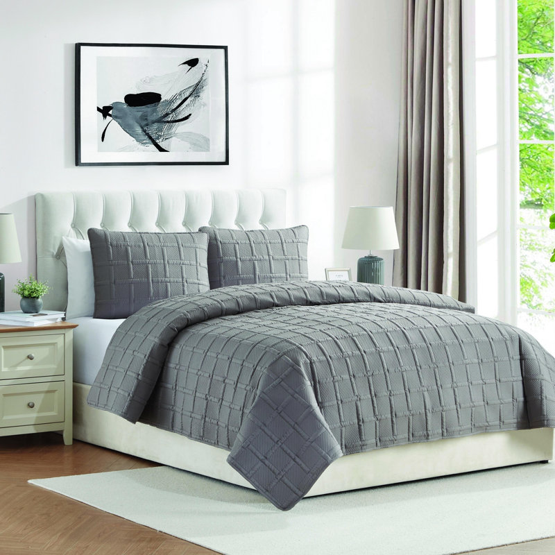 Ensemble de courtepointe carrée 3 pièces Pinsonic, Courtepointe double/grand et 2 taies décoratives, Géométrique gris foncé