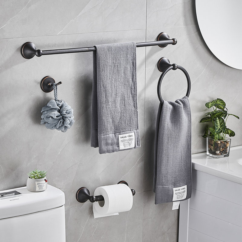 Ensemble de quincaillerie de salle de bain murale moderne 4 pièces avec barre à serviettes, anneau à serviette, porte-papier hygiénique et crochet en bronze huilé