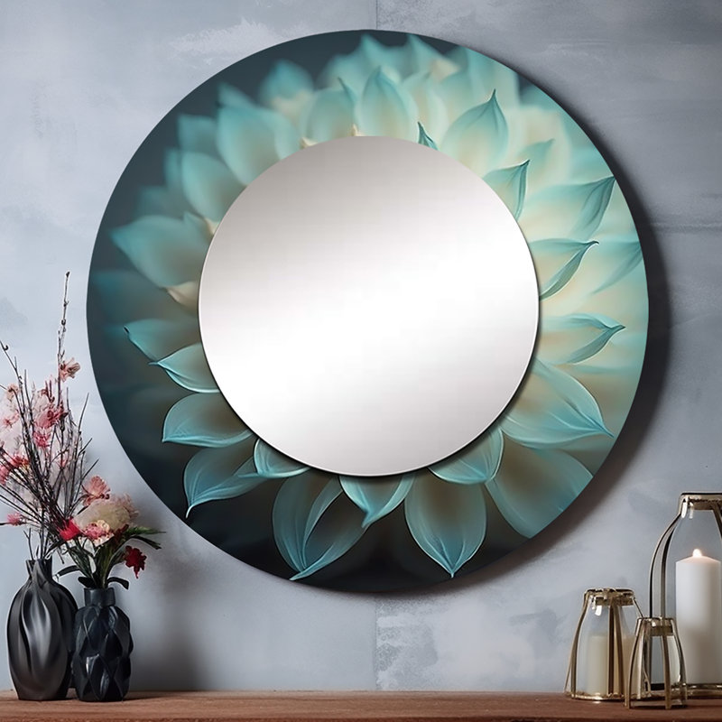 Pilon Blue And White Dahlia Flowers IV - Dahlia Large Mirror, Blue Round Decorative Wall Mirror, Printed Metal Art, 29" x 29"