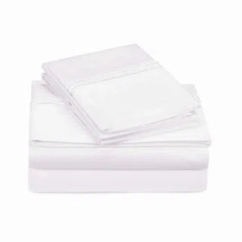 500TC Cotton Double Embroidery Sateen Solid Cotton 4 Piece Sheet Set Fitted Sheet Fits Upto 16" Deep Pocket, White Border