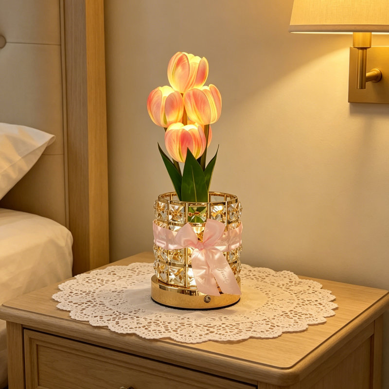 Pink Tulip Crystal Table Lamp With Usb Rechargeable Touch Dimming Light