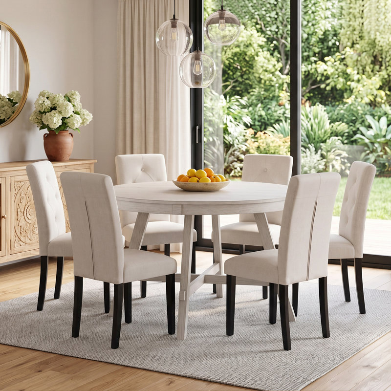 Ensemble de table de salle à manger 7 pièces pour 6 personnes, table de cuisine en bois massif et 6 chaises rembourrées en lin avec pieds en bois d'hévéa massif, ensemble de salle à manger style campagne moderne Mid-Century, beige