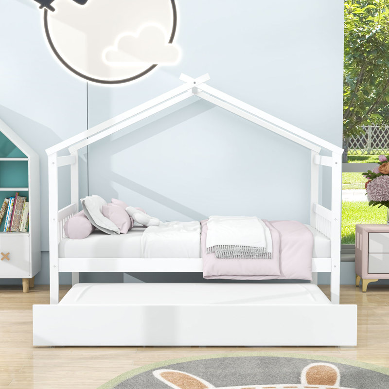 Wood House Bed With Pull-Out Twin Trundle, Twin, White