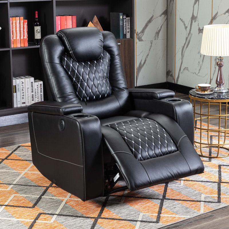 35.04'' Luxury Faux Leather Home Theater Individual Seat Recliner with Cup Holders & Arm Storage & USB, Black