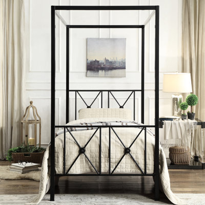 Metal Frame Canopy Twin Bedroom Bed - Black Finish Style In Traditional