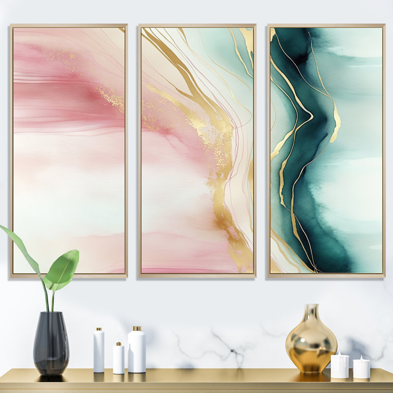 Géode abstraite rose et vert marbre II - ensemble d'art mural sur toile abstraite en marbre, H 32 po x l 48 po x P 1 po